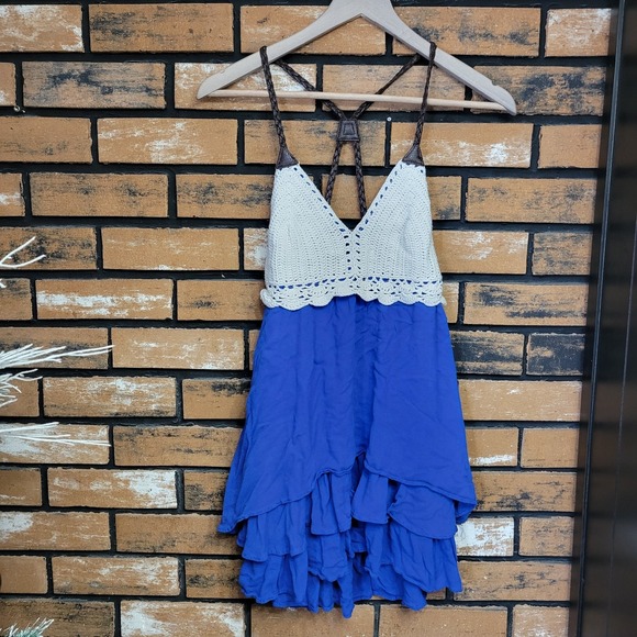 Double Zero Tops - Double Zero Blue & Beige Boho Crochet‎ Ruffled Strappy Tank Top Size S